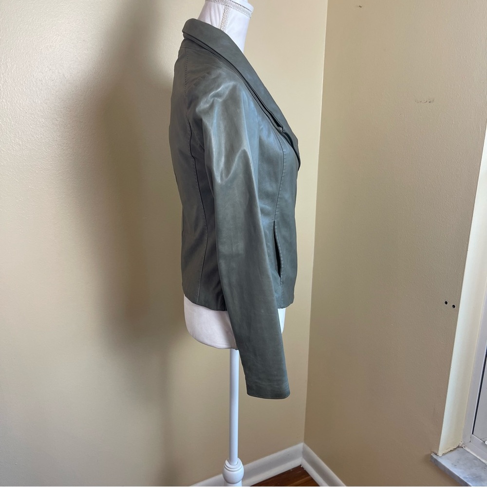 Vince Women’s Genuine Leather Jacket S Funnel Neck Olive Green Minimalist Chic - Picture 6 of 15